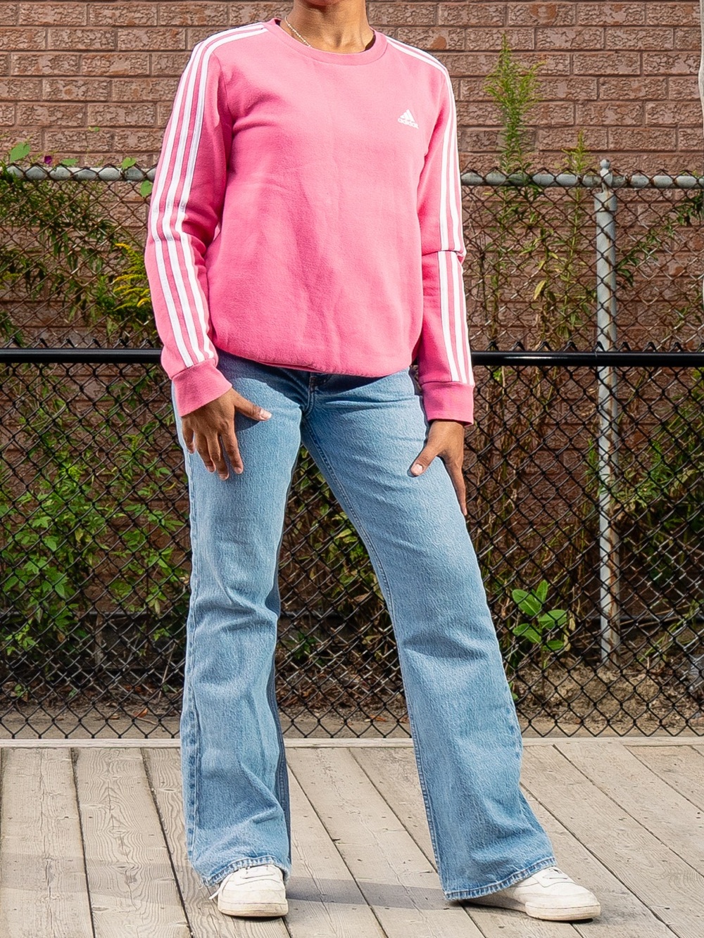 adidas Pink Crew Sweatshirt with White Sleeve Stripes